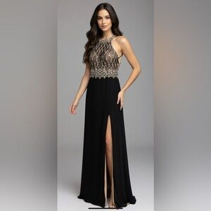 Alys Paris Beaded Sequin Evening Black slit maxi Wedding Prom Luxe dress Size 10